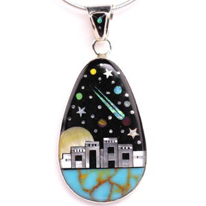 Sterling Silver Night Sky Outer Space Inlay Pendant - One of a Kind Southwestern Jewelry - Turquoise, Mother of Pearl, Fire Opal Necklace