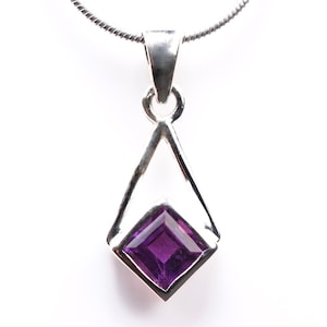 Genuine Amethyst Pendant - Sterling Silver Diamond Shaped Boho Necklace - February Birthstone Jewelry - Unique Gift for Her