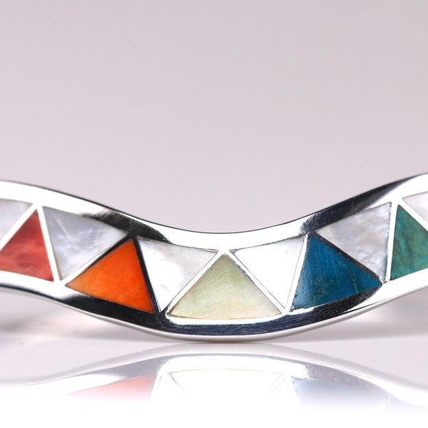 Peruvian Inlay Geometric Bracelet - Size 6.5" - Mother of Pearl, Spiny Oyster, Turquoise, & Chrysocolla Cuff Bracelet - Sterling Silver Cuff