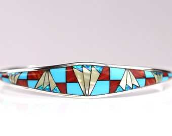 Sterling Silver Southwestern Inlay Cuff - Blue Fire Opal Bracelet with Geometric Motif - Stackable Jewelry - Size 7