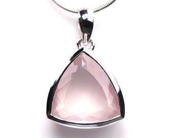 Large Natural Rose Quartz Pendant - Sterling Silver Diamond Shaped Boho Necklace - February Birthstone Jewelry - Unique Gift for Her