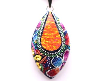Large Sterling Silver Tear Drop Shape Micro Mosaic Opal Pendant - Featuring Dichroic Glass & Austrian Crystal