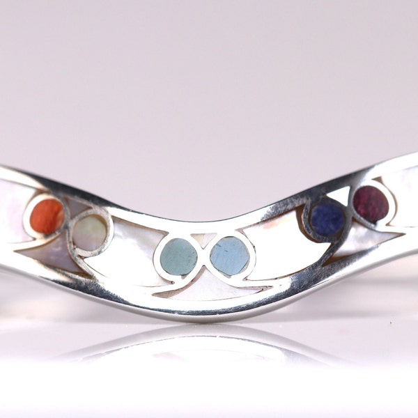Peruvian Inlay Geometric Bracelet - Size 6.5" - Mother of Pearl, Spiny Oyster, Sodalite, & Chrysocolla Cuff Bracelet - Sterling Silver Cuff