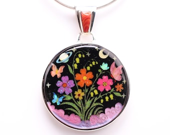 Sterling Silver Inlay Pendant with Outer Space, Night Sky, Flowers, Butterflies, and Clouds