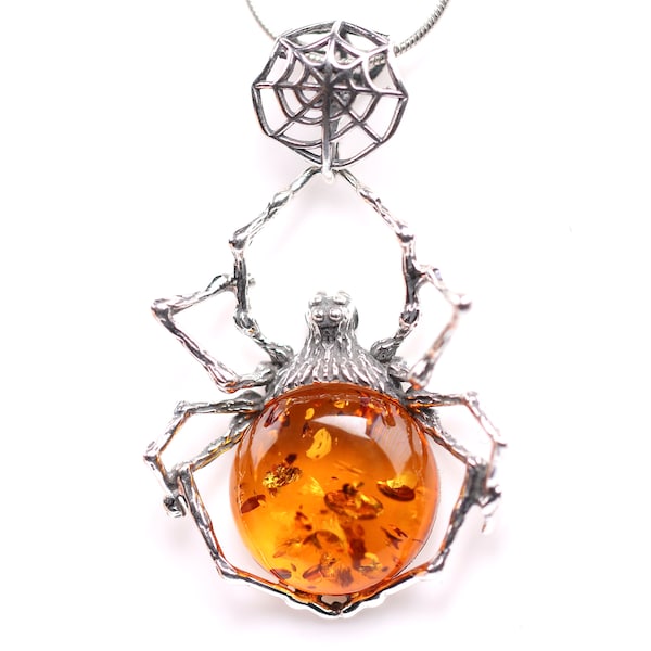 Sterling Silver Amber Spider Pendant - Genuine Baltic Cognac Amber Spiderweb Necklace