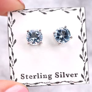 Blue Topaz Stud Earrings - 6mm Round Cut - Sterling Silver Stud Earrings