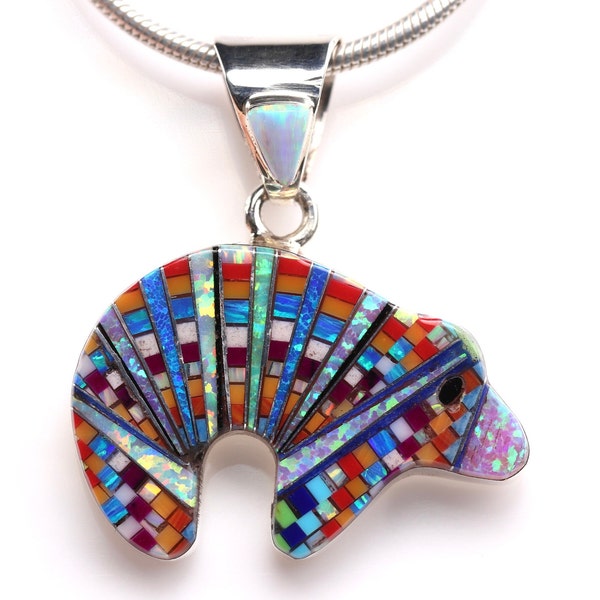 Southwestern Micro Inlay Bear Pendant - Sterling Silver Jewelry - One of a Kind Colorful Mosaic Necklace