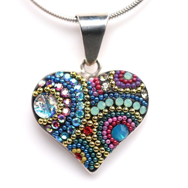 Sterling Silver Micro Mosaic Heart Pendant - Featuring Dichroic Glass & Austrian Crystal - Handmade Jewelry - Sparkly, Colorful, Unique