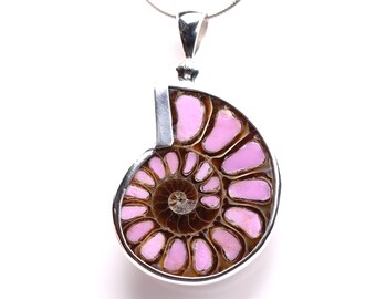 Ammonite Pendant with Phosphosiderite Inlay Pendant - Sterling Silver Statement Necklace - Ammonite Fossil Jewelry