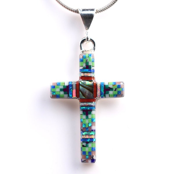 Cross Pendant - One of a Kind Handmade Sterling Silver Pendant - Southwestern Style Micro Inlay Cross Necklace - Christian Jewelry