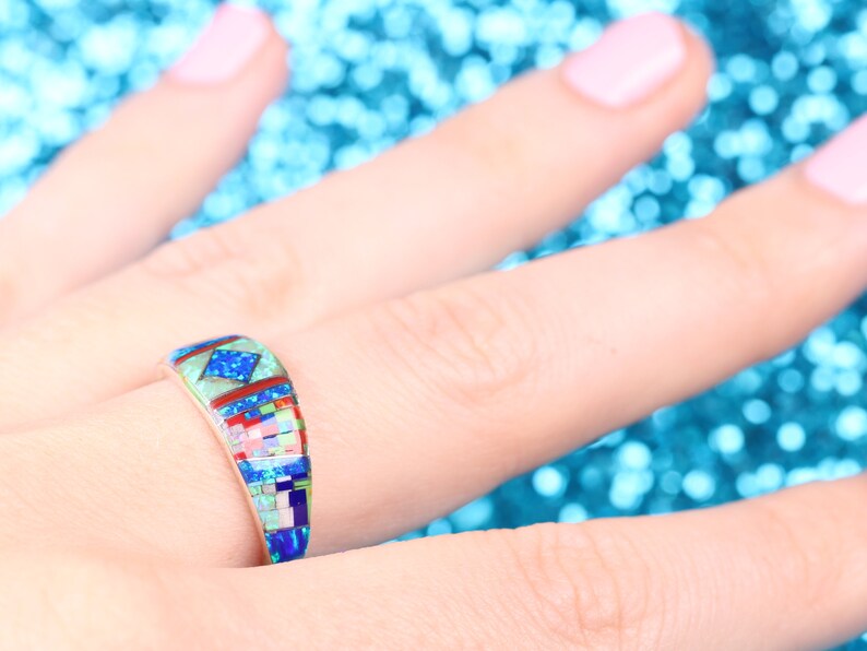 Sterling Silver Zuni Inspired Inlay Ring Size 8 Fire Opal Ring One of a Kind Rainbow Ring Native American Inspired Art Jewelry