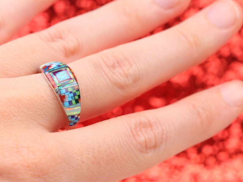 Size 9 Fire Opal Zuni Inspired Inlay Ring Sterling Silver Geometric Multicolor Gemstone Inlay Jewelry One of a Kind Rainbow Ring