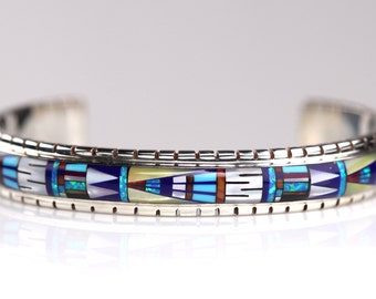 Sterling Silver Southwestern Inlay Cuff - Blue Fire Opal Bracelet with Geometric Motif - Stackable Jewelry - Size 6 1/2