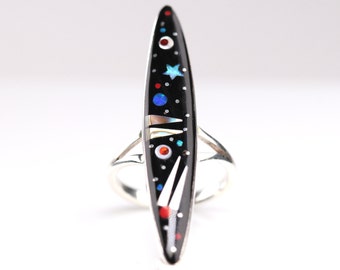 Southwestern Geometric Blue Fire Opal & Black Jet Gemstone Inlay Finger Ring - Sterling Silver / Outer Space / Comets / Stars / Night Sky