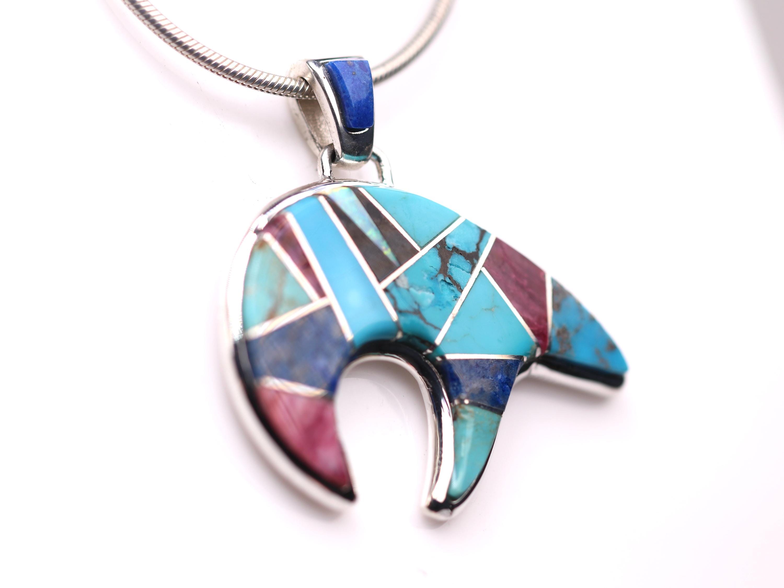 Southwestern Bear Inlay Pendant - Sterling Silver Native American