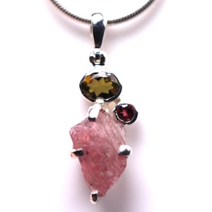 Sterling Silver Green and Pink Tourmaline Pendant - One of a Kind Jewelry - Raw & Polished Faceted Necklace