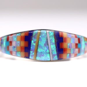 Size 8.5 - Southwestern Geometric Multicolor Gemstone Inlay - One of a Kind Ring - 925 Sterling Silver - Micro Mosaic Inlaid Jewelry - Gift