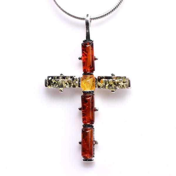 Sterling Silver Amber Cross Pendant with Genuine Baltic Cognac Amber - Christian Necklace - Catholic Jewelry - Orthodox Charm