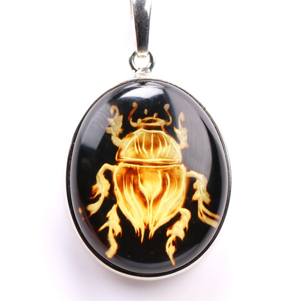 Sterling Silver Amber Scarab Beetle Pendant - Hand Carved Reverse Intaglio Jewelry - Genuine One of a Kind Baltic Amber Cameo Pendant