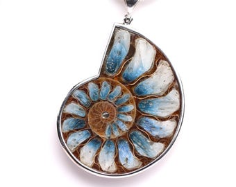 Large Ammonite Pendant with Blue Ice Glacierite Inlay - Sterling Silver Statement Necklace - Ammonite Fossil Jewelry