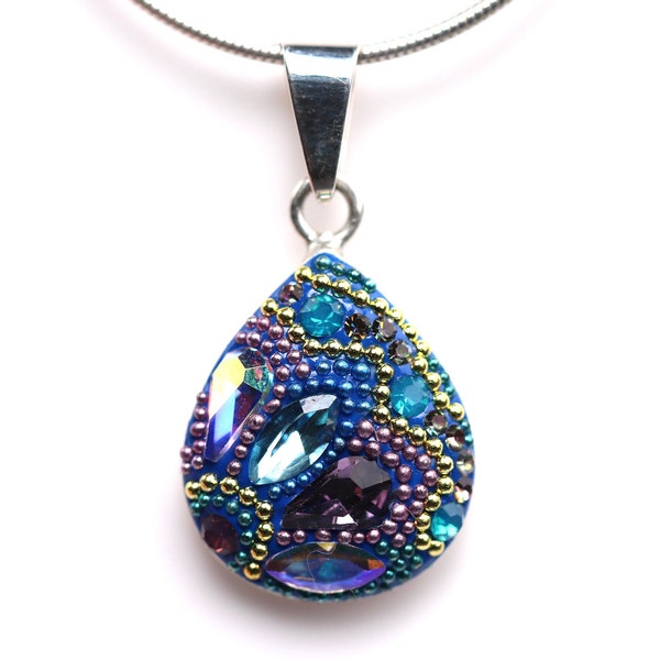 Sterling Silver Micro Mosaic Teardrop Pendant - Featuring Dichroic Glass & Austrian Crystal - Handmade Jewelry - Sparkly, Colorful, Unique