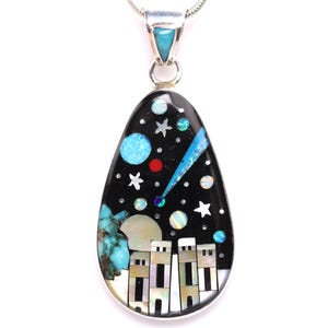 Sterling Silver Night Sky Outer Space Inlay Pendant - One of a Kind Southwestern Jewelry - Turquoise, Mother of Pearl, Fire Opal Necklace