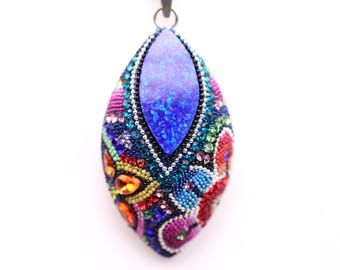 Large Sterling Silver Tear Drop Shape Micro Mosaic Opal Pendant - Featuring Dichroic Glass & Austrian Crystal