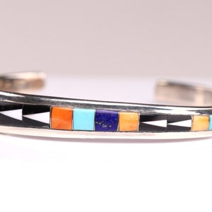 Sterling Silver Multi Gemstone Spiny Oyster, Turquoise, & Lapis Lazuli Inlay Cuff - Size Small / Petite Southwestern Bracelet - Artisan