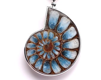 Large Ammonite Pendant with Blue Ice Glacierite Inlay - Sterling Silver Statement Necklace - Ammonite Fossil Jewelry