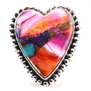 Sterling Silver Southwestern Spiny Oyster Turquoise Ring - Vintage Style Heart Shape Jewelry - Adjustable Size - Unique Gift for Her