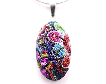 Sterling Silver Micro Mosaic Pendant - Featuring Dichroic Glass & Austrian Crystal - Handmade Jewelry