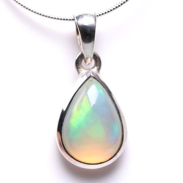 AAA Quality Ethiopian Opal Pendant - High Quality Opal - October Birthstone Rainbow White Fire Opal - Sterling Silver Genuine Opal Necklace