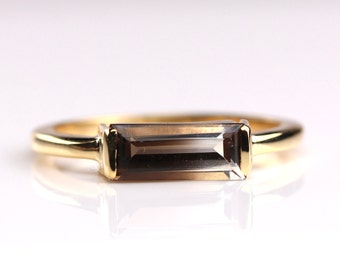 Smoky Quartz Sterling Silver Baguette Cut Ring - 14K Gold Vermeil Over Silver - 3 Micron Gold Plating - Tension Set Ombre Rectangular Gift