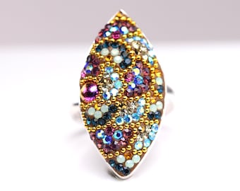 Sterling Silver Micro Mosaic Adjustable Ring - Featuring Dichroic Glass & Austrian Crystal - Handmade Sparkly, Colorful, Unique Gift Jewelry