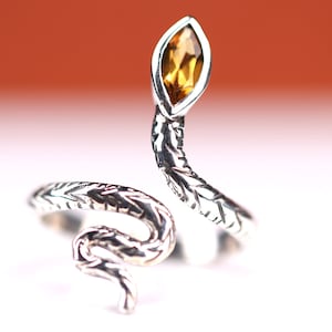 Citrine Sterling Silver Snake Ring - Adjustable Size - Marquise Cut Crystal Ring - November Birthstone Jewelry - Unique Gift for Her