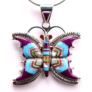 Sterling Silver Inlay Butterfly Pendant - Southwestern One of a Kind Handmade Jewelry - Butterfly, Bug, Insect Necklace