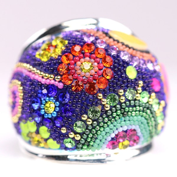 Size 10 - Sterling Silver Micro Mosaic Ring - Featuring Dichroic Glass & Austrian Crystal - Handmade Sparkly, Colorful, Unique Gift Jewelry