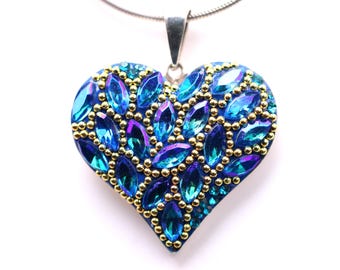 One of a Kind Sterling Silver Micro Mosaic Heart Pendant - Featuring Dichroic Glass & Austrian Crystal