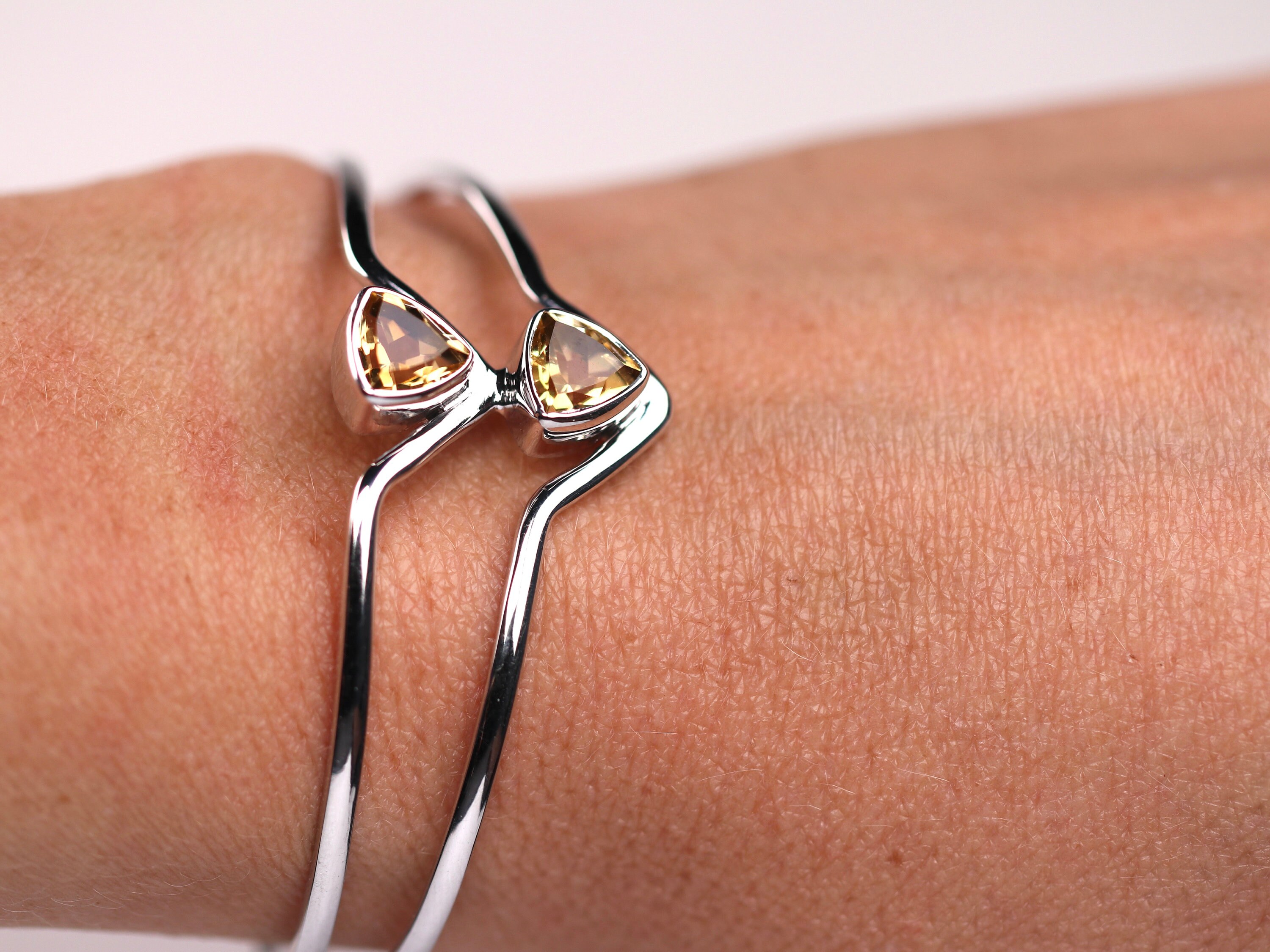 Bracelet Manchette En Argent 925 Avec Pierre Citrine Jaune - Fait Main - Réglable 7-8 Pouces