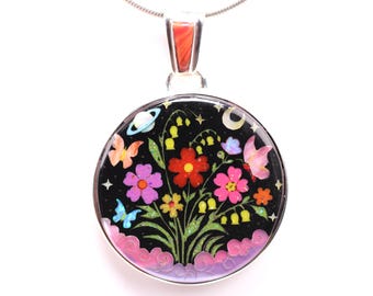 Sterling Silver Inlay Pendant with Outer Space, Night Sky, Flowers, Butterflies, and Clouds