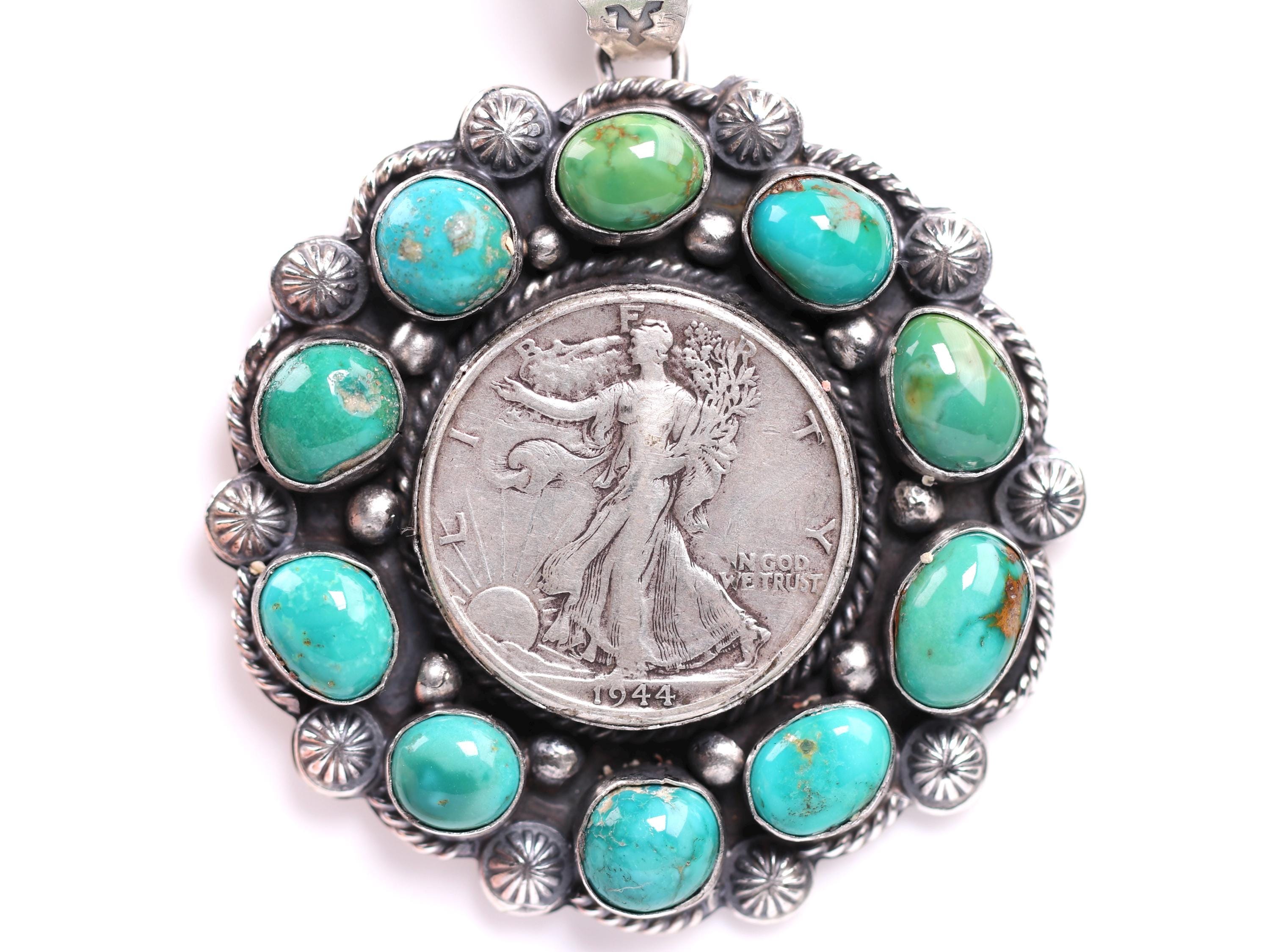 One Of A Kind Vintage Native American Navajo Old Kingman Turquoise Sterling Silver Dollar Pin One Of A Kind Vintage Native American Navajo Old Kingman Turquoise Sterling Silver Dollar Pin