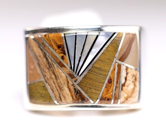 Size 10.5 - Large Southwestern Mens Inlay Ring - Sterling Silver Ring w/ Tigers Eye Black Onyx Jasper Mother of Pearl - One of a Kind Ring