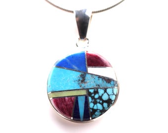 Sterling Silver Southwestern Native American Inlay Pendant - Turquoise Jewelry