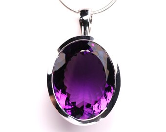 Large AAA Grade Amethyst Pendant - Sterling Silver Oval Cut Gemstone Specimen Necklace - February Birthstone Jewelry - Unique Gift for Her