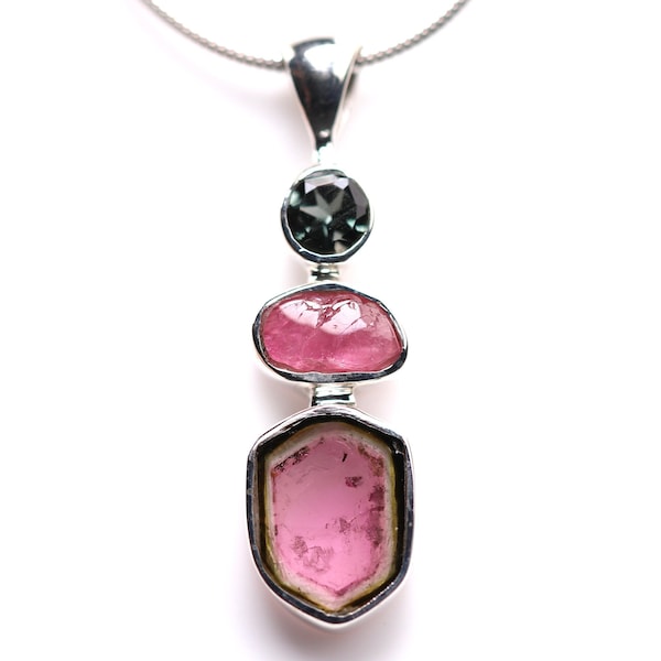 Sterling Silver Green, Pink, and Watermelon Tourmaline Slice Pendant - One of a Kind Jewelry - Raw & Polished Faceted Necklace