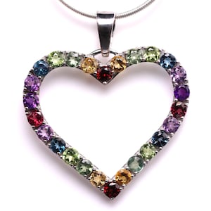 Sterling Silver Multi Gemstone Heart Pendant - Natural Garnet, Citrine, Peridot, Amethyst, and Blue Topaz Jewelry - Unique Gift for Her