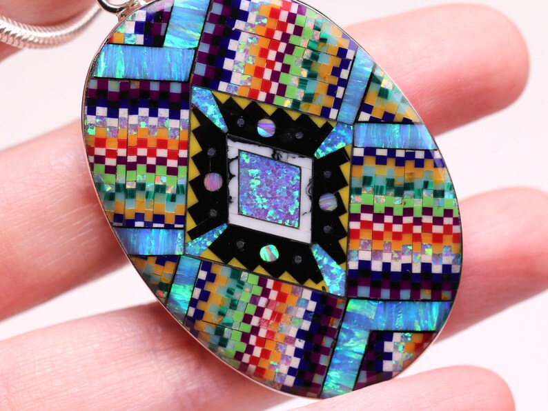 Large One of a Kind Sterling Silver Micro Inlay Pendant - Unique Artisan Necklace - Southwestern Jewelry - Colorful Handmade Fire Opal Gift image 5