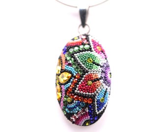 Sterling Silver Micro Mosaic Pendant - Featuring Dichroic Glass & Austrian Crystal - Handmade Jewelry
