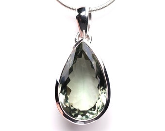 Large Green Amethyst Pendant - Sterling Silver Green Amethyst Necklace - Teardrop Pear Cut - February Birthstone