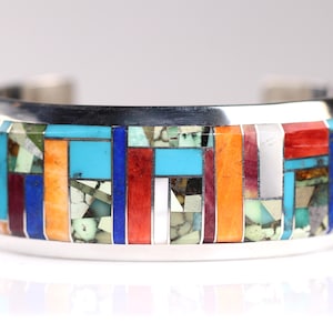 Unieke sterlingzilveren manchet van kunstenaar Ryan Sanchez - maat 7 - turkoois, stekelige oester, lapis lazuli - herenarmband